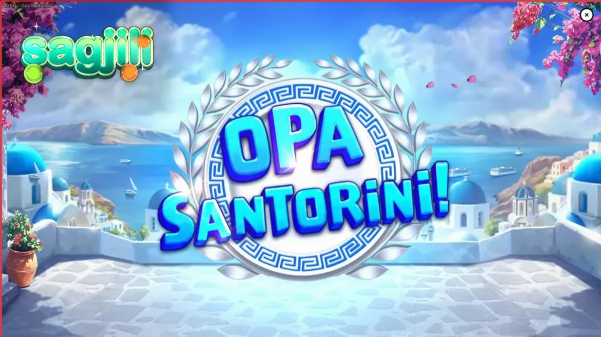 Opa Santorini slot game interface na may mga windmill at greek island theme
